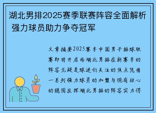 湖北男排2025赛季联赛阵容全面解析 强力球员助力争夺冠军