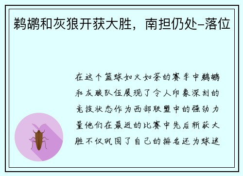 鹈鹕和灰狼开获大胜，南担仍处-落位